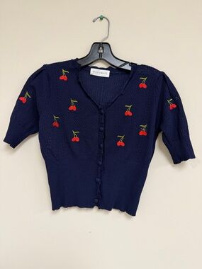 STUDIO WHITE Navy Cherry Embroidered Button-Up Cardigan
